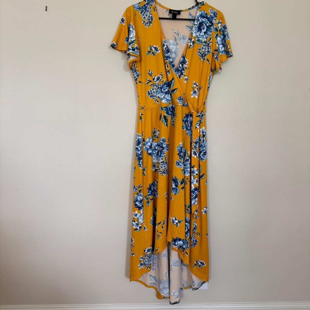 by & by | Mustard Yellow Blue Floral Wrap Maxi Dress | High-Low Hem | Size XL